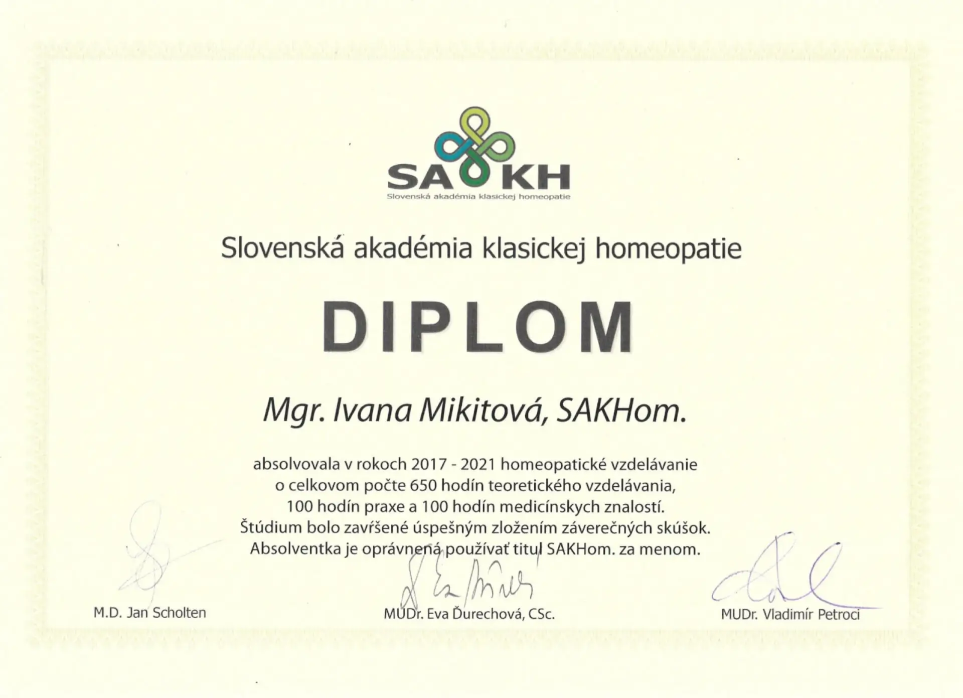 Diplom Mgr. Ivana Mikitová - Klasická homeopatia SAKHom